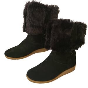 Lands End Women's Size 7 Leather Fur trimmed Fur lined Boots‎ Warm fuzzy Comfy